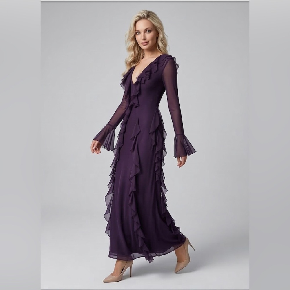 Midnight Plum Ruffle Chiffon Maxi Dress